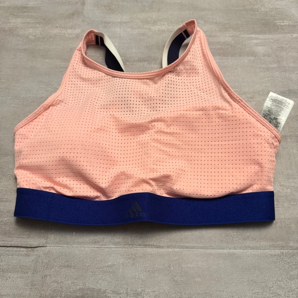 Adidas Other - Adidas Size Medium Strappy Sports Bra Peach Navy White‎ Lined Cups Cool Back